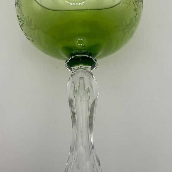Antique Villeroy & Boch Hock Wine Glass Floral Scrollwork Green Clear Cut Stem - Picture 7 of 15